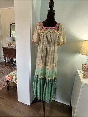 Embroidered Square-Neck Oaxaca Maxi Dress in Pink and Mint small